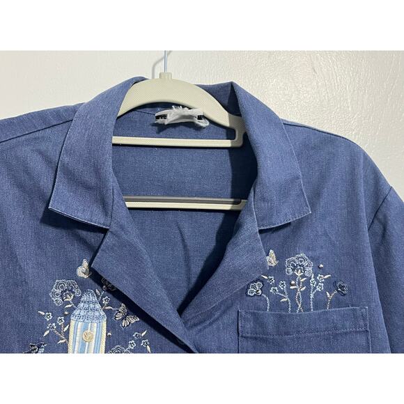 Vintage Bonworth Shacket XXL Blue Embroidered Birdhouse Floral Boho 3/4 Sleeves - Picture 6 of 7